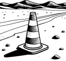 Isolated Traffic Cone in Desert Landscape with Mountains and Pebbles for Creative Design Projects vector