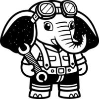 Cute Elephant Mechanic Character in Goggles Holding a Wrench for Coloring Book Design vector