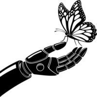 Robotic Hand Holding Delicate Butterfly Symbolizing Harmony Between Technology and Nature vector