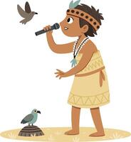Young Singer Performing with Bird in Traditional Attire for Cultural Celebration or Event vector