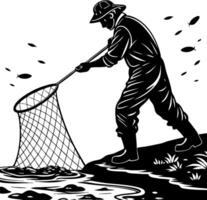 Fisherman Using Net to Catch Fish by the Riverbank Black and White Illustration vector