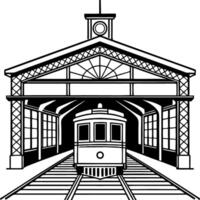 Vintage Train Station Front View with Stylized Architecture and Tracks for Design Projects vector
