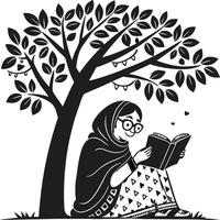 Girl Reading Under a Tree with Decorative Lights Beautiful Reading Scene for Relaxation vector