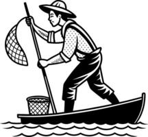 Fisherman in Straw Hat Using Net on Small Boat Over Calm Water for Vintage Design Projects vector