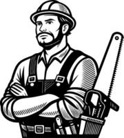 Confident Carpenter with Tools and Saw in Classic Black and White Style for Retro Designs vector
