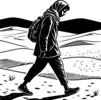 Lonely Traveler Walking Through Desert Landscape with Backpack and Scarf vector