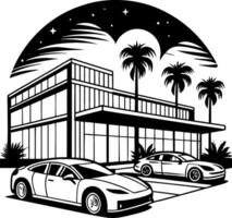 Modern Architectural Design with Luxury Cars and Palm Trees Under Starry Night Sky vector