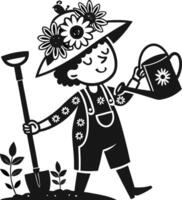 Cheerful Gardener with Watering Can Spade and Flower Hat in Playful Style for Kids Activities vector