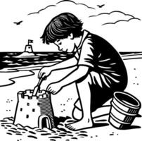 Child Building Sandcastle at Beach with Bucket and Tools for Fun Summer Activities vector