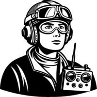 Vintage Aeronautical Portrait of Female Pilot with Goggles and Radio Control Device vector