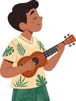 Boy Playing Ukulele in Tropical Shirt with Leaf Patterns Relaxing Music Vibes vector