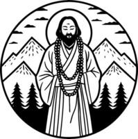 Meditating Sage Surrounded by Mountains and Forests Perfect for Tattoo Design or Coloring Book vector