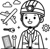 Happy Engineer Character with Tools Airplane and Gear for Educational Coloring Activities vector