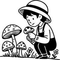 Child Exploring Nature with Mushrooms and Flowers in a Fun Illustrative Style vector