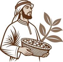 Arab Man Holding Basket of Dates with Leafy Design for Cultural and Culinary Illustrations vector