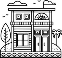 Charming Tropical House with Palms and Ocean Waves Ideal for Coloring and Design Projects vector