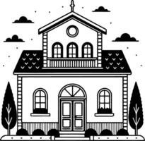 Charming Traditional House with Trees and Clouds Perfect for Coloring Book Design vector