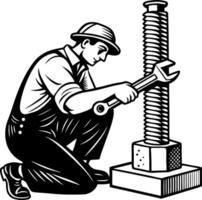 Mechanic Working on a Large Bolt with Adjustable Wrench Retro Style Illustration vector