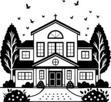 Charming Church Building Surrounded by Lush Trees and Birds Ideal for Coloring Projects vector