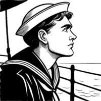 Sailor in Classic Maritime Attire Gazing Towards Horizon Ideal for Tattoo Design or Coloring Book vector