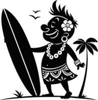 Happy Tropical Surfer Character with Surfboard and Palm Tree for Beach Decor and Coloring vector