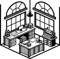 Isometric Art Studio Interior Design with Large Windows and Creative Workspace Layout vector