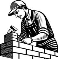 Skilled Bricklayer Crafting Masonry Wall with Hammer and Trowel in Classic Illustration Style vector