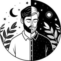 Duality of Light and Dark In Artistic Portrait of Man Surrounded by Nature Elements vector