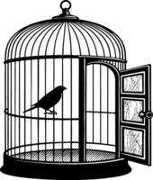 Black Birdcage with Open Door and Silhouette of Canary Ideal for Tattoo Designs and Illustrations vector