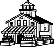 Rustic Farmhouse Market Building with Fresh Produce Stands for Illustrations and Designs vector