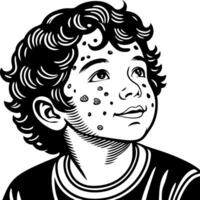 Cheerful Young Boy with Curly Hair and Freckles Smiling Upwards in a Playful Style vector