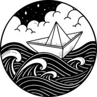 Illustrative Paper Boat Sailing Through Dynamic Waves Under a Starry Sky for Creative Projects vector