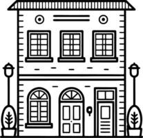 Charming Line Art of a Two-Story House with Windows and Street Lamps for Illustrations vector