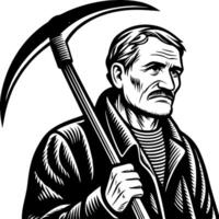 Determined Worker Holding Pickaxe in Traditional Attire for Tattoo Design and Illustrations vector