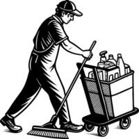 Cleaning Worker Pushing Cart with Cleaning Supplies in Retro Style Illustration vector