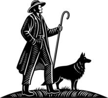 Rustic Shepherd with Dog in Nature Illustration for Tattoos and Rustic Decor vector