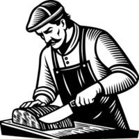 Vintage Butcher Preparing Fresh Bread with Knife in Rustic Style for Culinary Illustrations vector