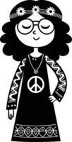 Peaceful Hippie Girl Character Wearing Flower Crown with Groovy Dress and Accessories vector