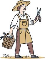 Manual Laborer Holding Scissors and Basket of Harvested Plants in a Garden Setting vector