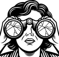 Vintage Woman Using Broken Binoculars for Observation and Exploration vector