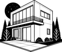 Modern House Design Minimalist Architecture Trees Moon Illustration vector