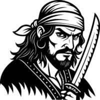 Bold Pirate Warrior Portrait with Sword and Bandana for Tattoo Design and Illustration Projects vector