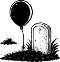 Whimsical Black Balloon Next to Grave Marker with Cross Surrounded by Grass and Cloud vector