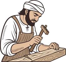 Skilled Craftsman Carving Wood with Hammer and Chisel in Traditional Workshop vector