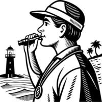 Lifeguard Whistling on Beach with Lighthouse and Palm Trees Illustration vector