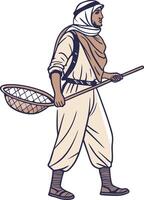 Traditional Fisherman with Net Walking in Cultural Attire for Illustrative Purposes vector