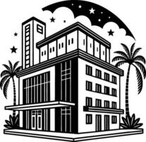 Modern Architecture Hotel Building with Palm Trees and Night Sky Elements vector