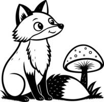 Cute Playful Fox Sitting Beside a Mushroom Ideal for Coloring Books and Tattoo Designs vector