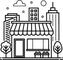 Charming Urban Storefront Illustration with Tall Buildings and Trees for Creative Projects vector