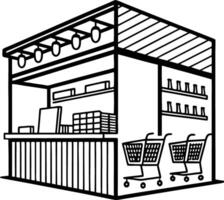 Detailed Outline of a Market Stall Featuring Shelves Baskets and Display Counter for Design Projects vector